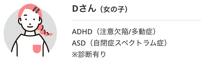 Dさん（女の子）ADHD（注意欠陥/多動症）ASD（自閉症スペクトラム症）※診断有り